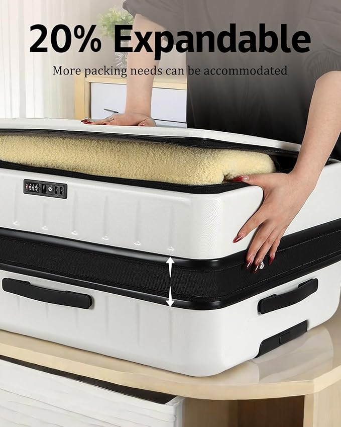 Expandable Checked Luggage, 28 Inch Luggage with Spinner Wheels, Lightweight ABS+PC Hard Shell Large Suitcase with Top Opening, TSA Lock (White, 1PC)