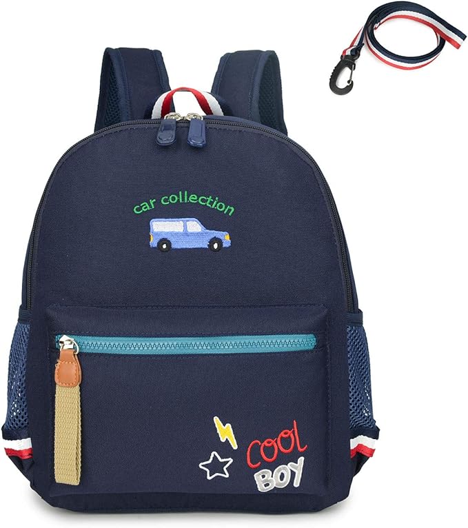 willikiva Cartoon Bus 12 Kindergarten Backpack for Kids Girls and Boys,Waterproof Preschool Toddler Backpack Wiht Leash and Safety Harness(Deep Blue)