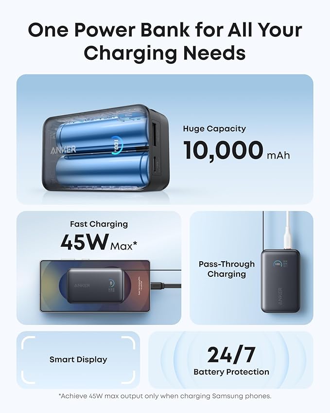 Anker Nano Power Bank, 10,000mAh Portable Charger with 2.3 ft InstaCord Retractable Cable, 45W Max Compact Battery Pack, Smart Display, for iPhone 16/17 Series, iPad, Galaxy, Pixel, and More