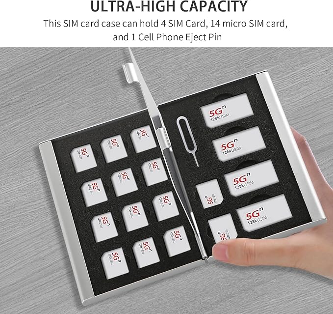 Aluminum SIM Card Case, 19Slots Ultrathin SIM Card Holder, Fit for 4 SIM Card, 14 Micro sim Card and 1 Cell Phone Eject Pin Slots, Silver