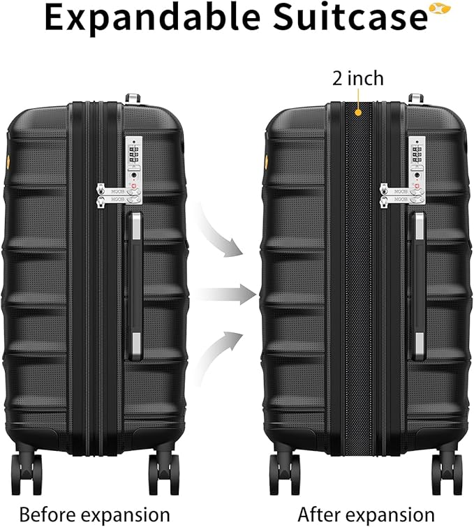 Carry On Luggage 22x14x9 Airline Approved, 20 Inch Ultra Lightweight Hardshell Suitcase with 8 Spinner Wheels & TSA Lock, Fits United, Delta, American Airlines Overhead Bins, Black