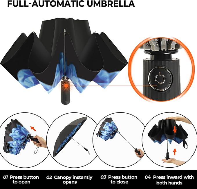 Compact Inverted Travel Umbrella, Automatic Open Close, 9-Rib 46 Inch Windproof Umbrella, Waterproof UPF 50+, Portable Umbrellas for Men, Women, Travel, and Daily Use