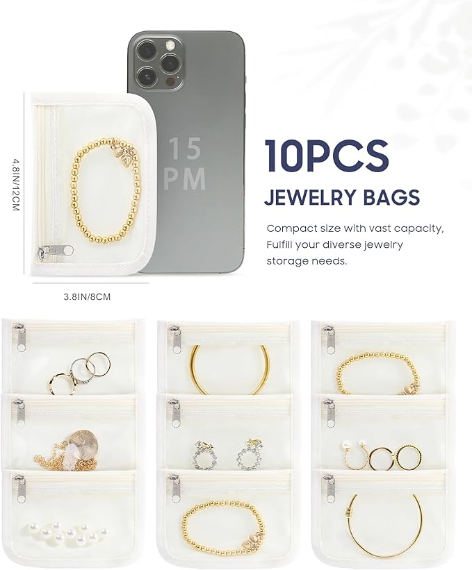Travel Jewelry Bags, 10Pcs Clear Velvet Zipper Travel Jewelry Organizer, Portable Anti Tarnish Jewelry Storage Pouch Bag Gift for Women Girls, 10Pcs Bags