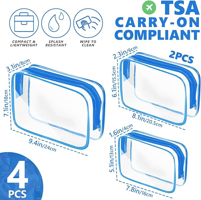 AURUZA 4 Pack Clear Toiletry Bag,Portable Travel Makeup Bags with Zipper, TSA Approved Clear Organizer Bags, PVC Cosmetic Pouch for Airport Airline Compliant (4 Packs Blue)