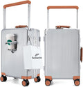 feilario 20'' Aluminum Frame Wide Handle PC Hardside Carry On Luggage - Double Spinner Wheels Luxury Rolling Travel Suitcase with TSA Lock & Cup Holder