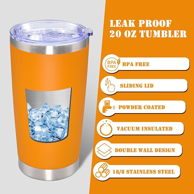 20 oz Tumbler with lid Double Wall Vacuum Insulated Tumblers Stainless Steel Coffee Mug Travel Coffee Tumbler Powder Coated Tumbler Cup Keep Hot&Cold - (Orange 1 Pack)