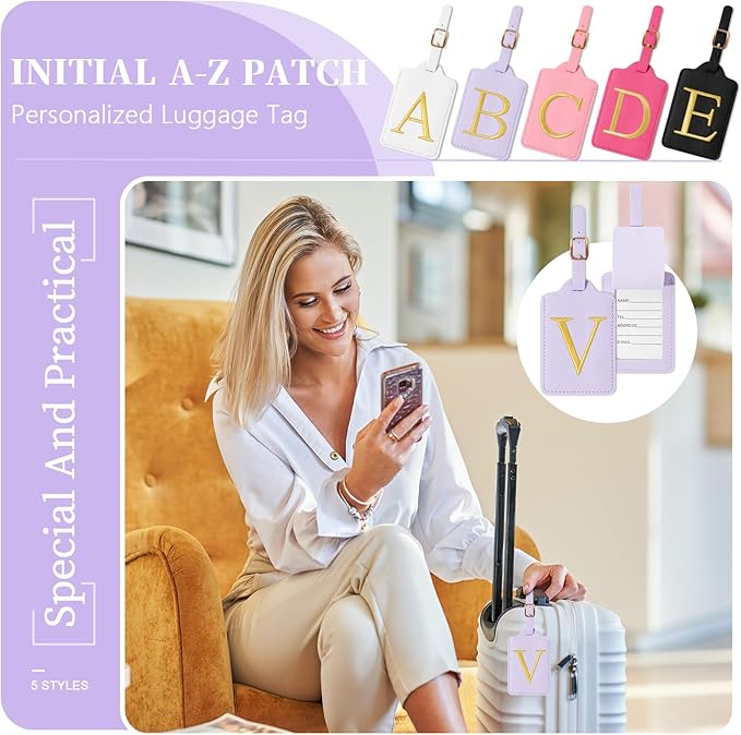 Personalized Initial Luggage Tags for Suitcase, Purple Leather Cute Luggage Tags with Privacy Cover Name Card, Embroidered Custom Monogrammed Luggage Tag Travel Backpack Tags Gifts for Women Kids(V)