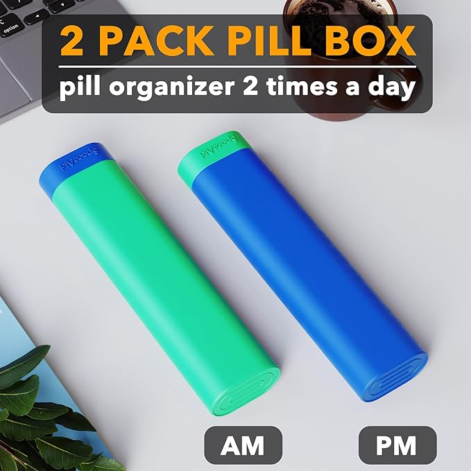 SpaceAid 2 Pack Pill Organizer Box 7 Day, Weekly Travel Pill Case Holder, 2 Times a Day AM PM Daily Pocket Pharmacy Dispenser Container for Pills, Vitamins and Medicine (Blue, Green)