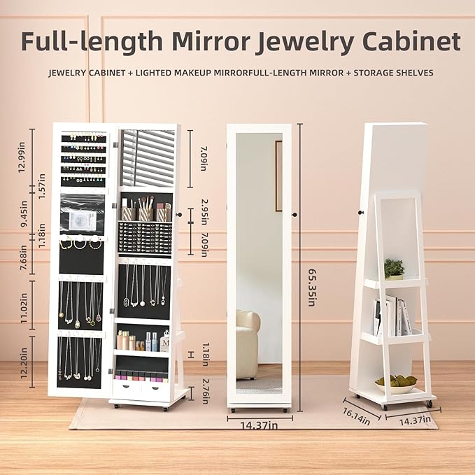 RQZ 360° Rotating Jewelry Organizer with Lights, 8 LEDs Jewelry Cabinet Armoire Standing, Lockable Jewelry Storage with Full-Length Mirror, 4 Storage Shelves, Interior Mirror(65.35" H)