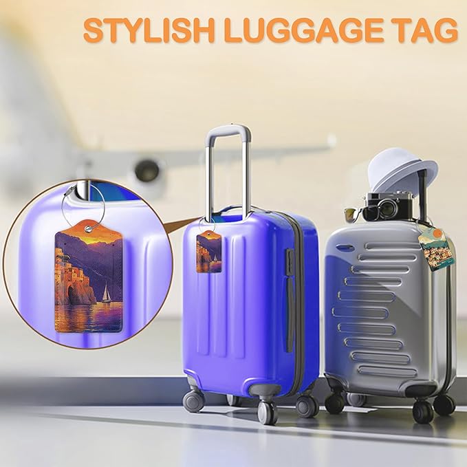 Retro Seaside Village 3 PCS PU Leather Luggage Tags for Suitcase, Sunset Luggage Tag with Privacy Flap, Name ID Label and Metal Loop for Women Men Baggage Handbag School Bag Backpack