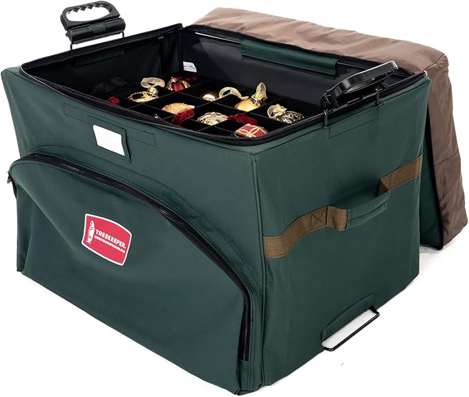 TreeKeeper Stack & Lock™ Green Christmas Ornament Storage Box Holds 72 Ornaments up to 4" Diameter, 3 Removable Trays with Separators, Top Pocket