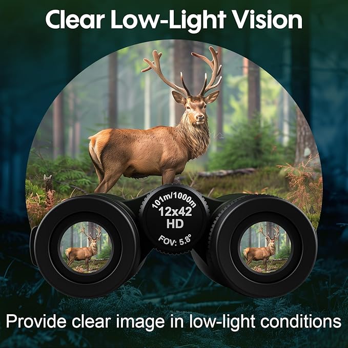 12x42 Binoculars for Adults High Powered: Waterproof HD Bird Binoculars - Large View Easy Focus with Clear Low Light Vision for Hunting Hiking Bird Watching Travel Cruise Green