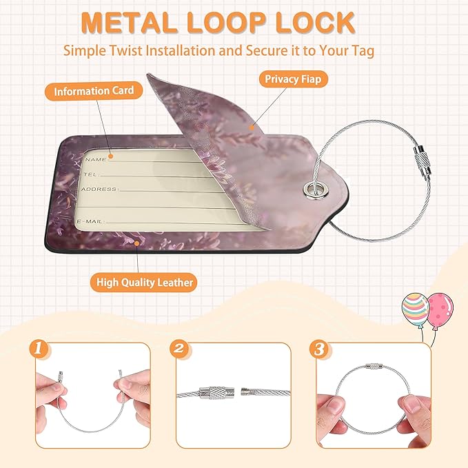 Vintage Purple Lavender 3 PCS Luggage Tags, Leather Suitcase Tags with Privacy Cover Name Address Labels and Durable Steel Loop for Men/Women Travel Bag Suitcases