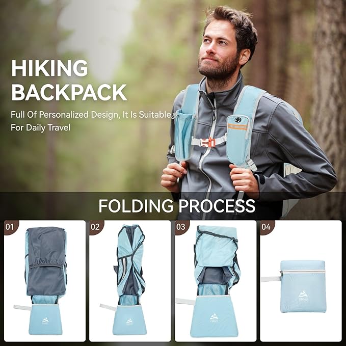 15L Small Hiking Backpack for Women Men Lightweight Packable Backpack Foldable Casual Daypack for Camping Travel Outdoor, Blue