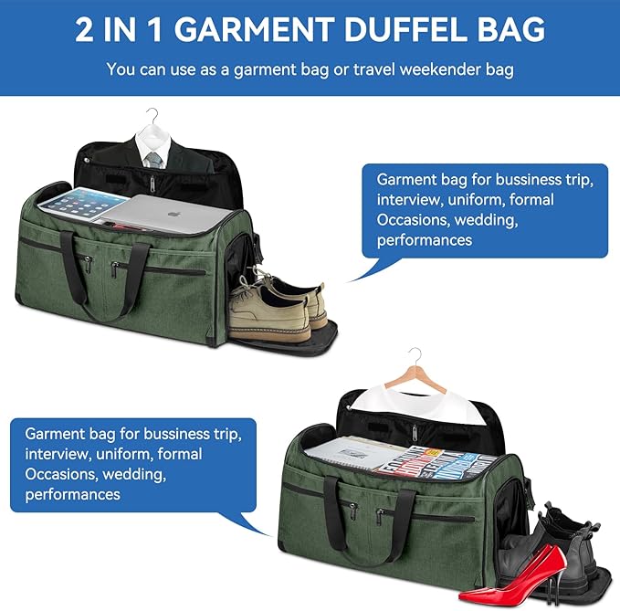 Bukere Garment Bags for Travel, Large Convertible Garment Duffel Bag for Men Women, Shoe Compartment, 2 in 1 Hanging Dress Suitcase Suit Travel Bags