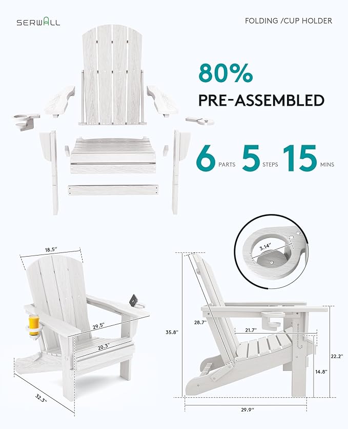 SERWALL Adirondack Chair with Cup Holders - Composite Adirondack Chairs HDPE Outdoor Chairs All Weather Use- White
