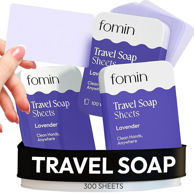 FOMIN - Antibacterial Paper Soap Sheets Tin for Traveling - (300 Sheets) Lavender - Portable Travel Hand Soap Sheet, Dissolvable Mini Camping Hand Soap for Hand Washing