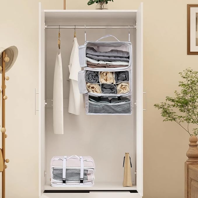 TABITORA Travel Portable Hanging Shelves Closet Organizer Packing Luggage Storage with Multifunctional and Foldable Invisible Compartment,Lightweight, for Suitcase, RV,Closet…Pink,XXL