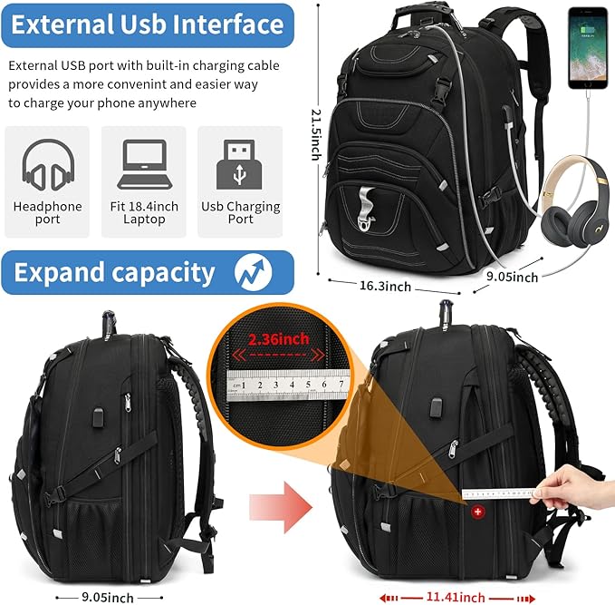 Boniyee Travel Backpack 17.3 Inch, Business Anti-Theft Laptop Bag with USB Charging Port, Waterproof