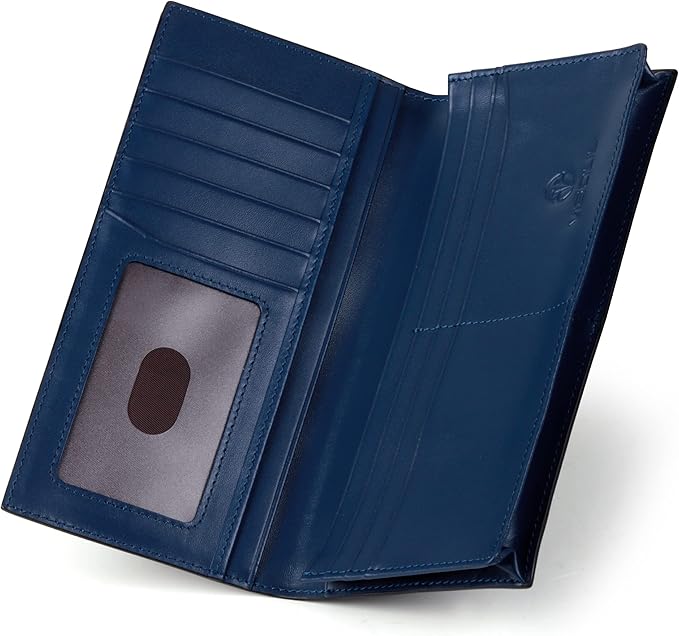 VISOUL Mens Leather Long Checkbook Bifold Wallets with RFID Blocking, Carbon Fiber Leather Tall Wallets for Men (Black+Blue)