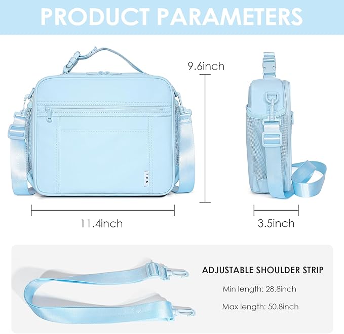 NOL Kids Lunch Bag - Kids 3+ Reusable Insulated Lunch Box with Zipper Closure Buckle Handle Adjustable Long Shoulder Strap, Easy-Clean Waterproof Fabric, Children Lunch Tote Bag for School -Light blue