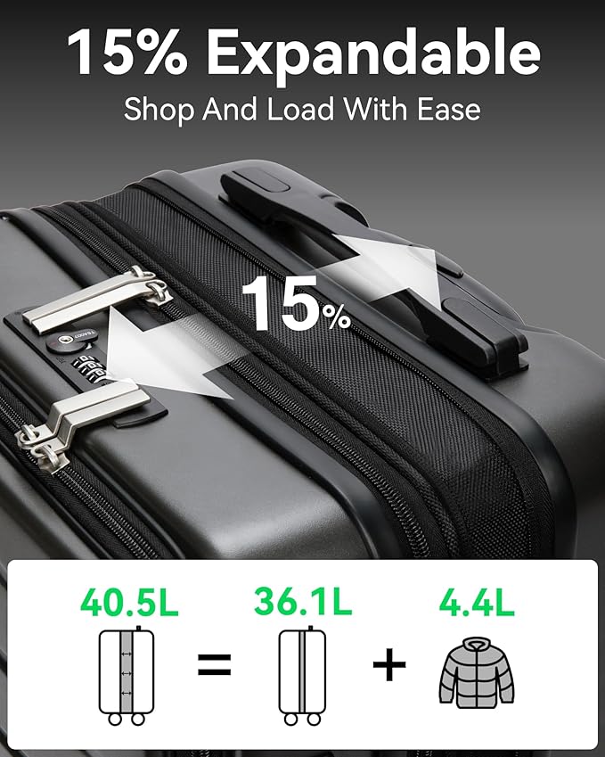 LUGGEX Carry On Luggage 22x14x9 Airline Approved, Expandable Polycarbonate Suitcase with Front Pocket (Light White, 20 Inch, 36.1L)