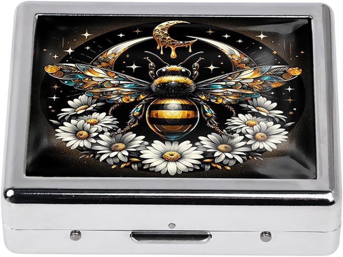 Cute and Stylish Metal Pill Box - Compact Portable Pill Organizer with 8 Compartments, Food-Grade Divider, Ideal for Travel, Vitamins, Jewelry, Cosmetics (Celestial Bee)