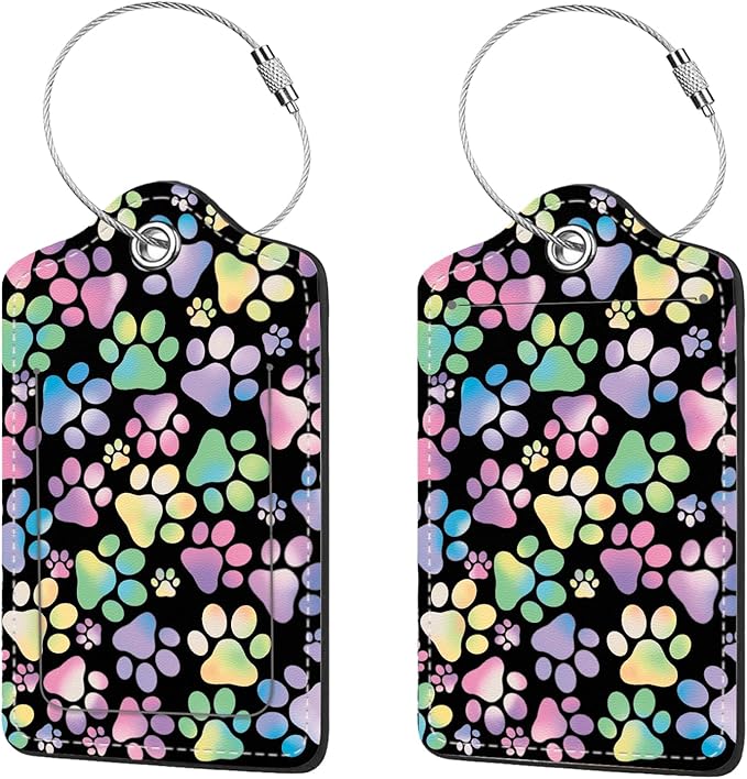2 Pcs Luggage Tags for Suitcase, Cute Unique PU Leather Travel Bag Tag with Privacy Cover ID Label Address Card and Durable Metal Ring Suitable for Men Women Children Backpack,Colorful Dog Paw Prints