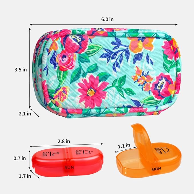 Serfeymi Weekly Travel Pill Organizer 2 Times A Day AM PM Upgraded Rainbow Pill Box 7 Day with Portable Zipper PU Leather Pill Case, Medicine Organizer for Pills, Vitamins, Fish Oils - Green-01