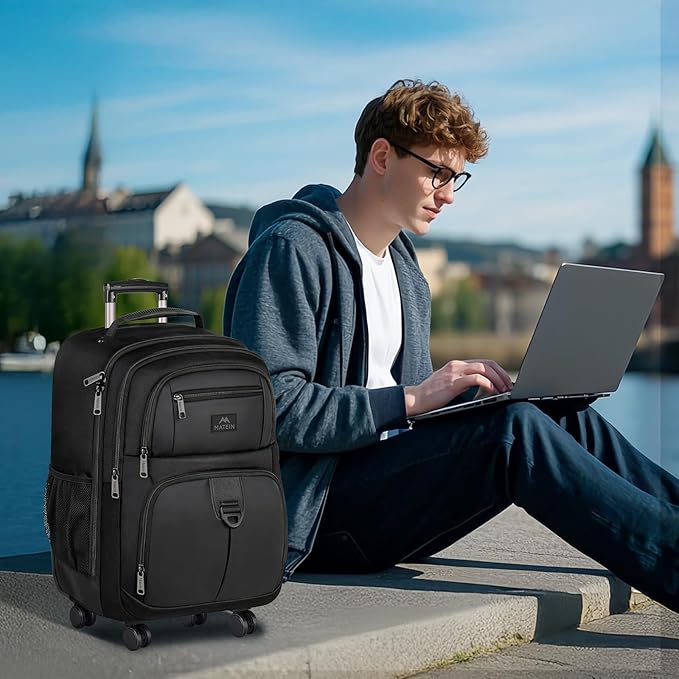 MATEIN Rolling Backpack with 4 Wheels, 17 inch Roller Travel Laptop Backpack for Women Men, Large Water Resistant Business Wheeled Bag, Airline Approved Carry on Luggage Suitcase Bag, Black