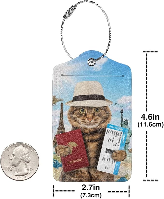 2 Pack Funny Cat Passport Luggage Tags for Suitcases Women Men Kids, Bag Tags for Leather Luggage with Waterproof Suitcase Tags Privacy Cover Name ID Label Steel Loop for Travel Bag Suitcase