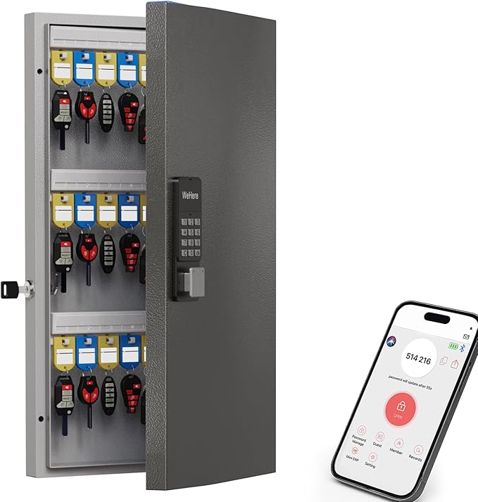 WeHere 48 Key Lock Box Wall Mount, APP Bluetooth/OTP/Wi-Fi/Fixed Code/Key Unlock, Smart Key Cabinet with Key Tag, Key Organizer Holder Box, Key Management Directory for Office, Valet, Realtor, Hotel