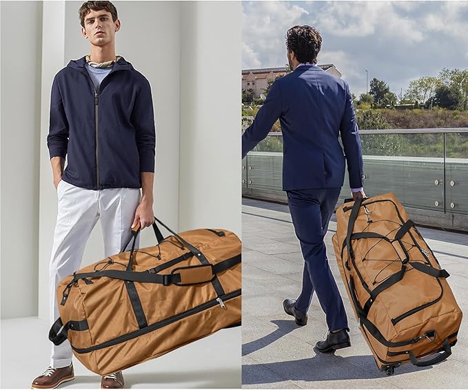 110L/140L Expandable Soft-Sided Foldable Duffle Bag with 2 Rubber Wheels,Packable 32” Rolling Carry-On with Multi-Pockets & Compartments,Coffee