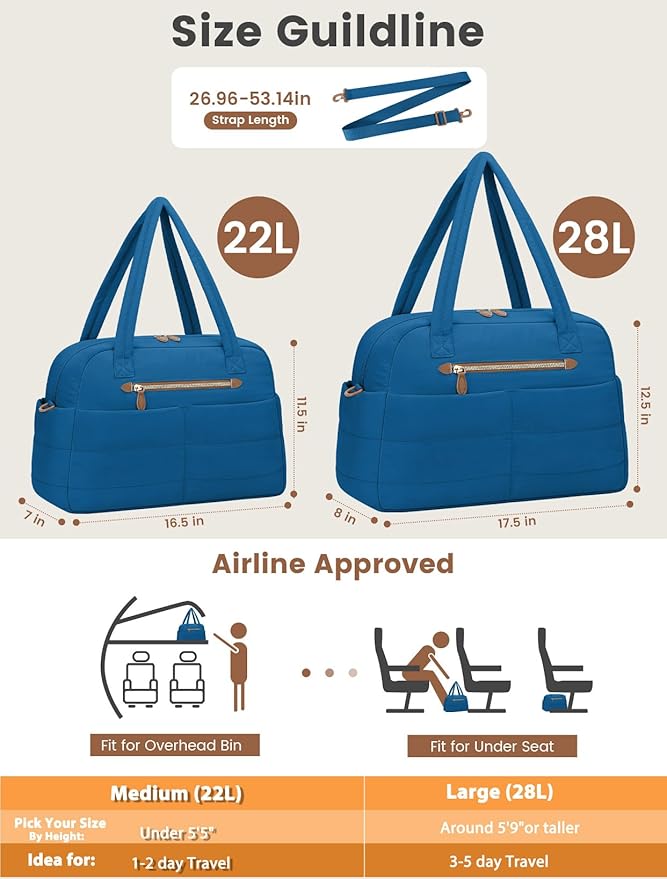 Travel Duffle Bag,Puffer Carry On Duffel Bag with Laptop Compartment Waterproof Overnight Weekender Bags for Women Large Hospital Tote Bags for Labor and Delivery(Medium,Blue)