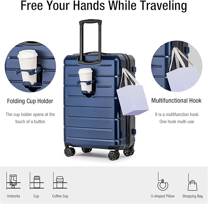KYME Suitcases with Wheels Hardshell 26 Inch Luggage with TSA Lock Durable Medium Checked Travel Rolling Luggage with Cup Holder for Women Men Navy