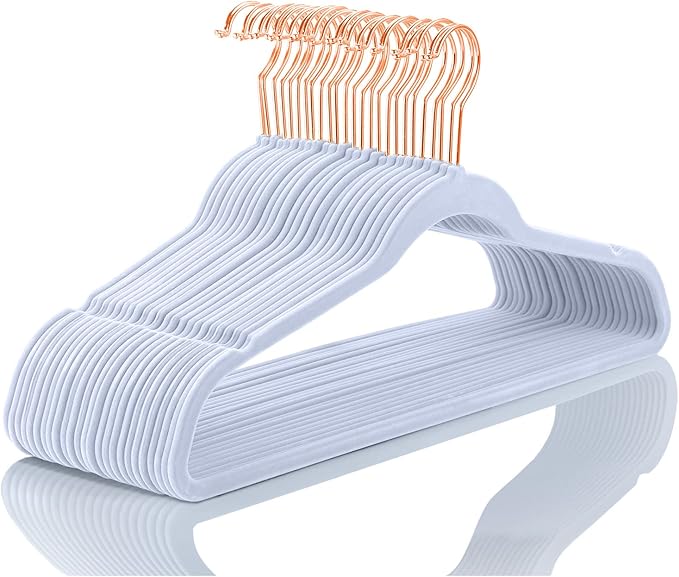 MIZGI Premium Velvet Hangers (50 Pack) Heavy Duty - Non Slip Felt Hangers - Velvet Suit Hanger Light Blue - Rose Gold Hooks,Space Saving Clothes Hanger