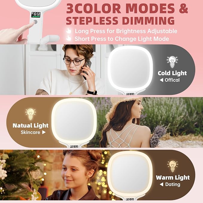 Alovely Travel Makeup Mirror with Light, Double Sided 10X Magnifying Mirror with Light, Rechargeable Portable Lighted Beauty Mirror, 3 Color Lighting Dimmable Touch Screen,Tabletop Handhold Hanging