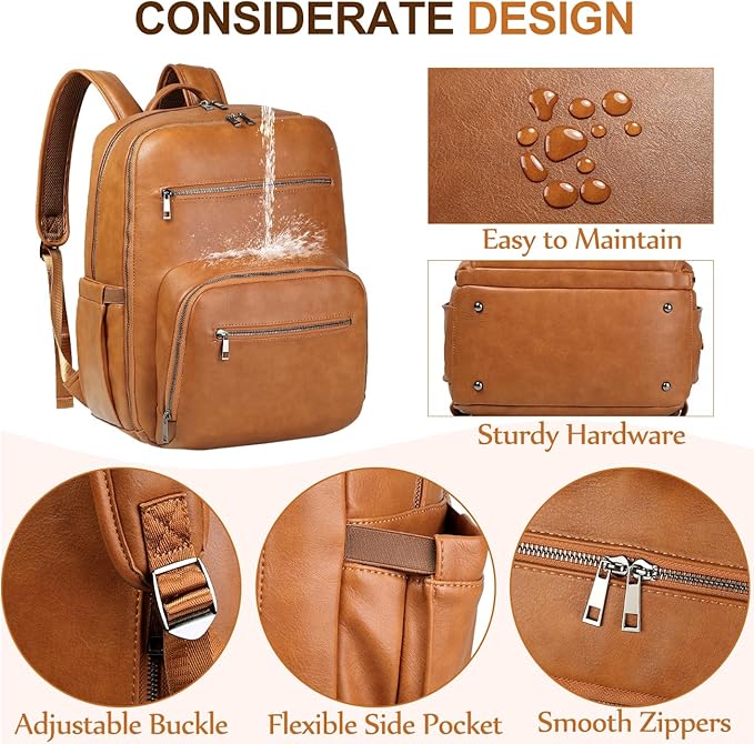 VASCHY Diaper Bag Backpack for Mum Dad, Unisex Large Waterproof Vegan Leather Baby Bag with Changing Pad,Insulated Pockets,Padded Laptop Sleeve for Travel,Brown