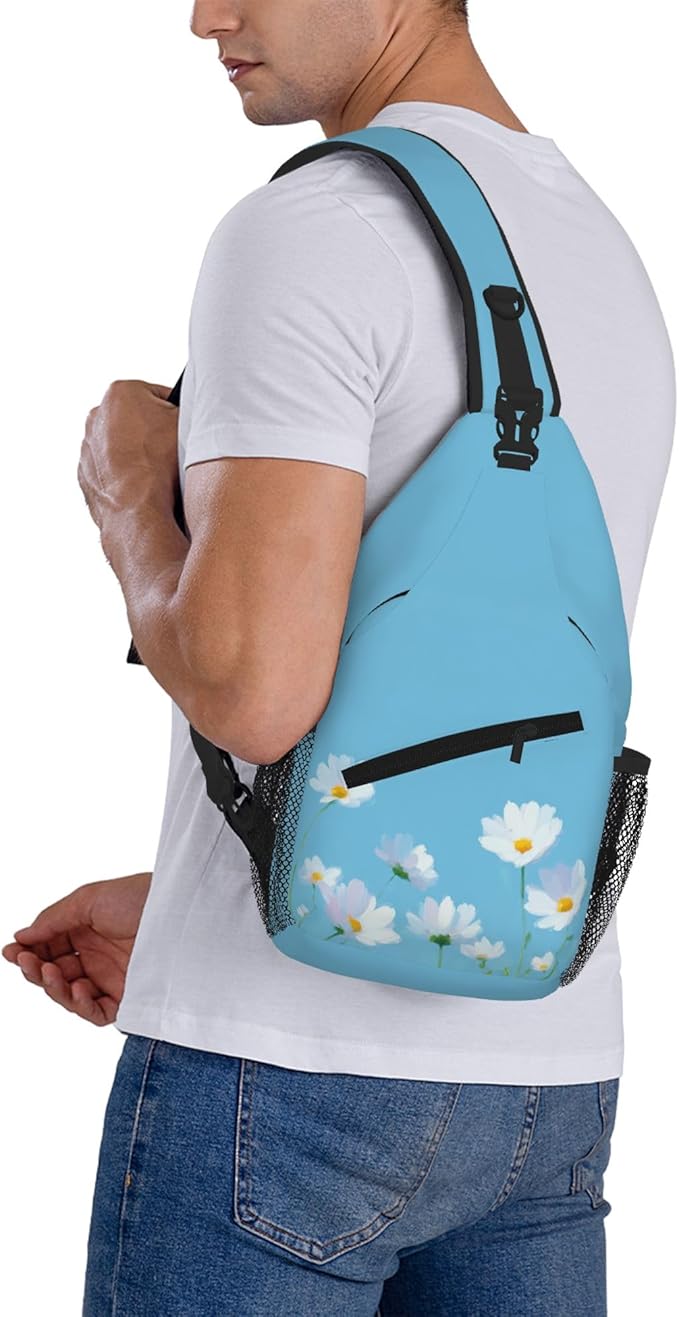 Sling Bag White Flower Blue Summer Hiking Daypack Crossbody Shoulder Backpack Travel Chest Pack for Men Women