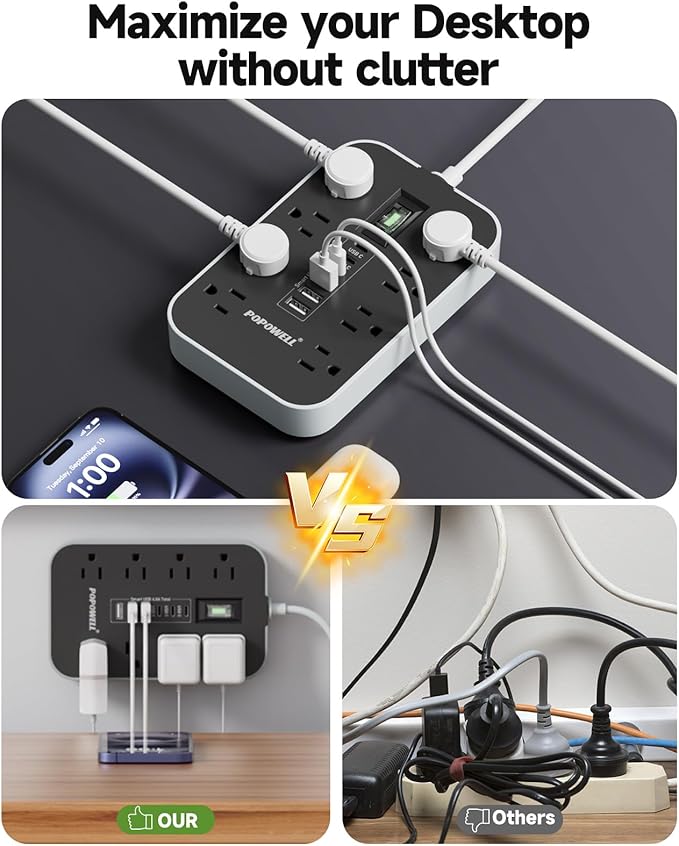 Appliance Power Strip- 14 Guage Heavy Duty Extension Cord, 24in, 8 AC Outlet& 6 USB Ports 4.8A USB Charging Station, 1080J, High Wattage for Microwave, Conditioner, Kitchen, Garage Essentials.
