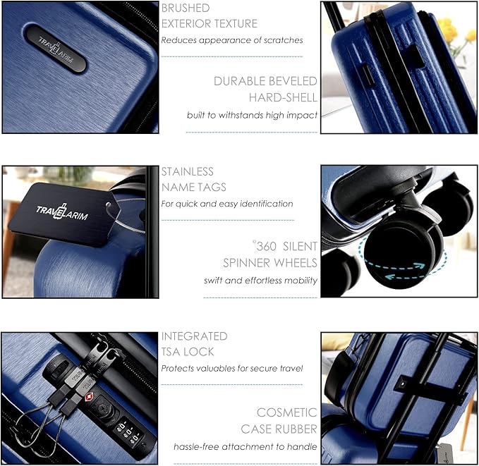 22 Inch Carry On Luggage 22x14x9 Airline Approved, Carry On Suitcase with Wheels, Hard-shell Carry-on Luggage, Durable Luggage Carry-On, Navy Small Suitcase with Cosmetic Case