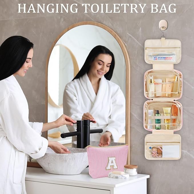 YOOLIFE Travel Toiletry Bag for Women - Hanging Toiletry Bag Makeup Bag, Portable Toiletries Cosmetic Bag, Airplane Travel Essentials - Letter O, Pink