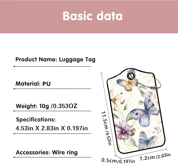Luggage Tags for Suitcases, 2-Pack PU Leather for Cruise & Travel, Baggage ID Tags with Privacy Cover & Address Card, Durable Metal Ring, Kids Adults Travel Accessories, Elegant Butterfly Florals