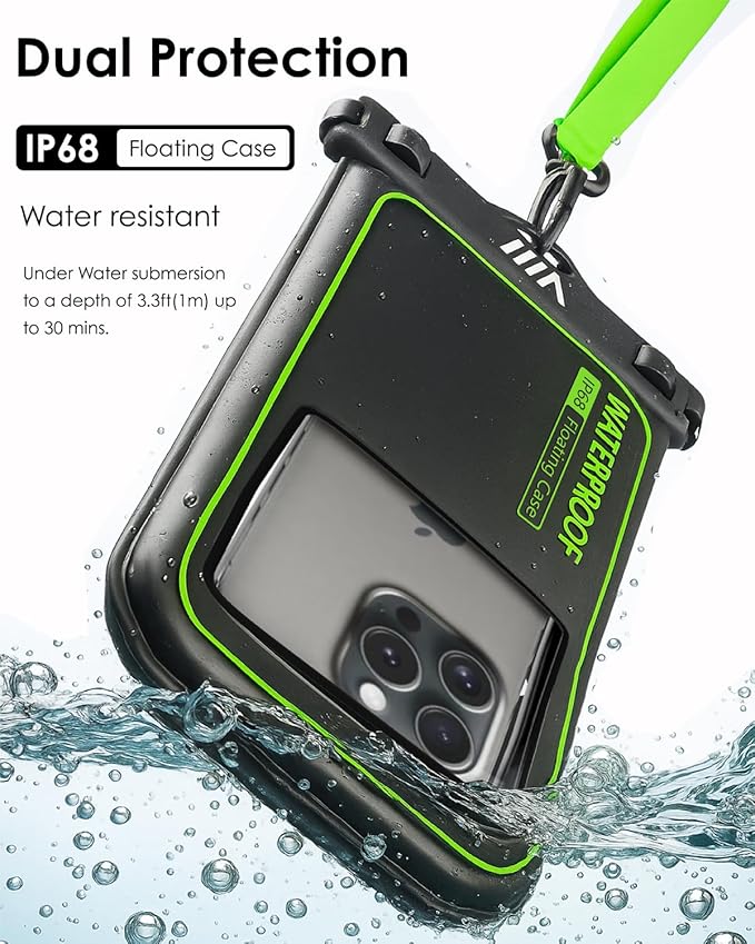 【2025 Upgraded】 1 Pack Black - IP68 Waterproof Phone Pouch Floating Design No Sink Waterproof Phone Case - Beach Pool Travel Essentials - Works w/All Phones - Detachable Lanyard - Black/Hi-Vis Green