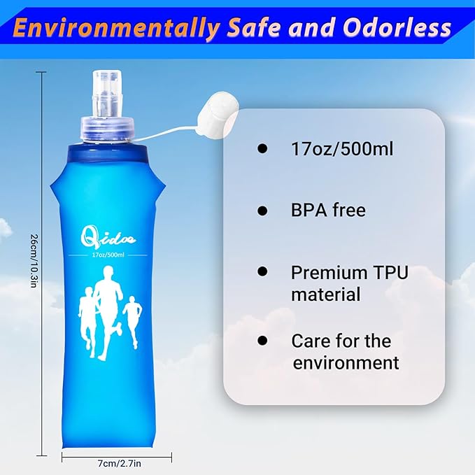 Qidoe 2 Pack Running Vest Soft Flask, 17oz/500ml BPA-Free TPU Collapsible Soft Water Bottle for Hydration Pack, Running Vest, Folding Water Bottles for Hiking Cycling Climbing