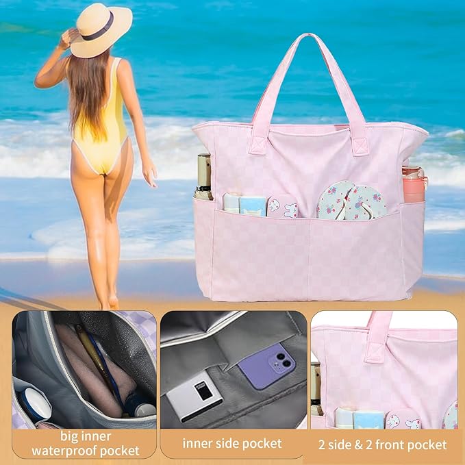 LEDAOU Beach Bag Waterproof Sandproof Women Tote Bag Pool Bag with Zipper for Gym Grocery Travel with Wet Pocket