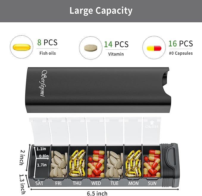 Metal Weekly Pill Organizer, Serfeymi Aluminum Daily Pill Box(Spare Gasket Provided),7 Day Pill Case Travel Medicine Organizer,Pill Containers with Individual Lid for Vitamins,Pills, Supplement-Black