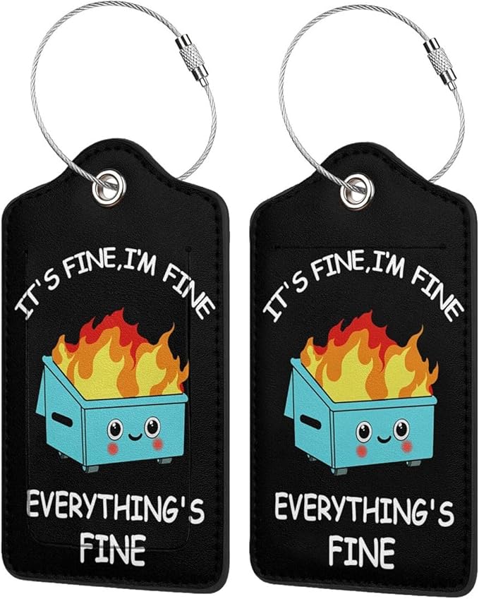 2 Pack Luggage Tags for suitcases Funny Cute Black Trash on fire I'm Fine It's Fine Luggage Tag, Leather Stainless Steel Loop Label Tag for Men Women Travel Bag Suitcase(Trash on fire)