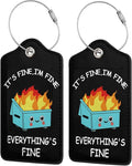 2 Pack Luggage Tags for suitcases Funny Cute Black Trash on fire I'm Fine It's Fine Luggage Tag, Leather Stainless Steel Loop Label Tag for Men Women Travel Bag Suitcase(Trash on fire)