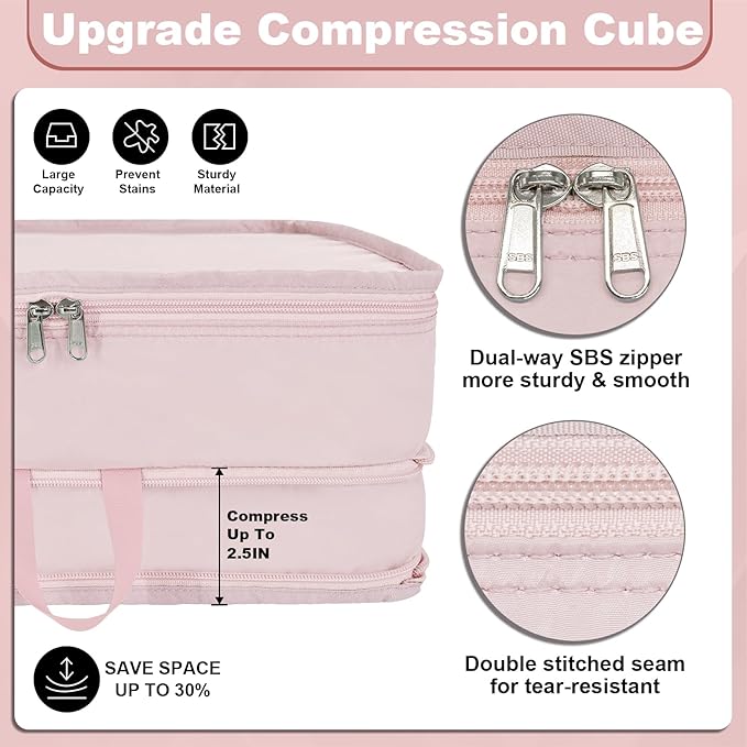 Extra Large Compression Packing Cubes for Travel Essentials, 2 Pack Expandable Travel Cubes for Packing Bags Suitcase Organizer, Pink